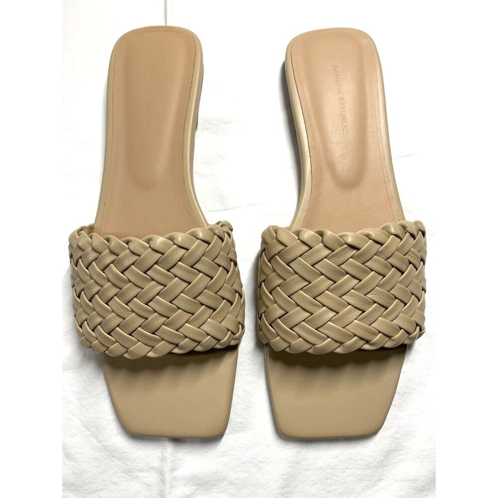 Banana Republic Woven Leather Square Toe Slides 10 Nude Beige Sandals Flat Mule